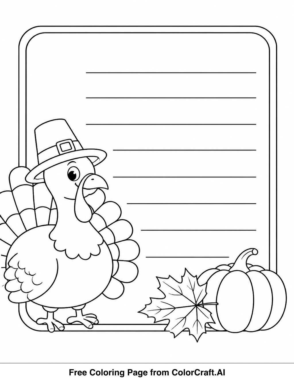 Line drawing of a blank Thanksgiving recipe card with decorative autumn elements like leaves and a pumpkin.