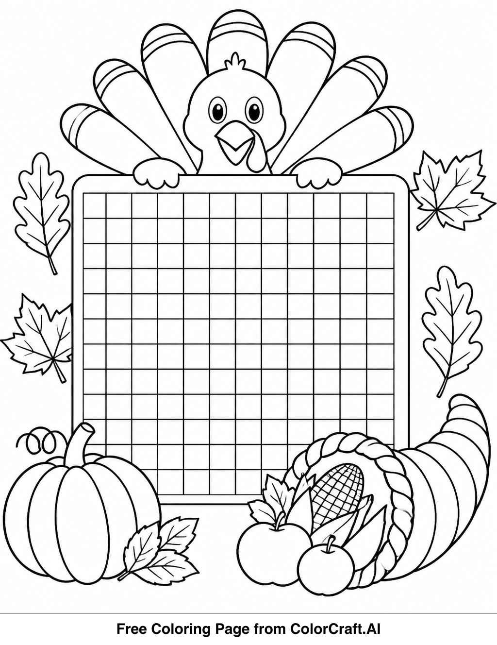 A Thanksgiving word search puzzle with autumn leaves and a turkey illustration for a fun holiday activity.