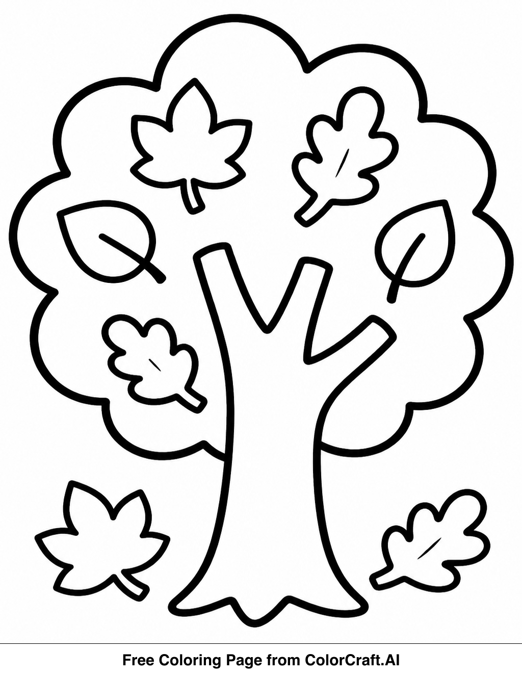 Line drawing of a simple autumn tree with leaves falling around it for a coloring page.