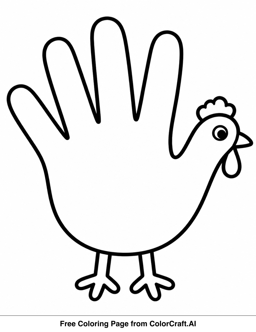 Line drawing of a handprint shaped like a turkey, ready for coloring.