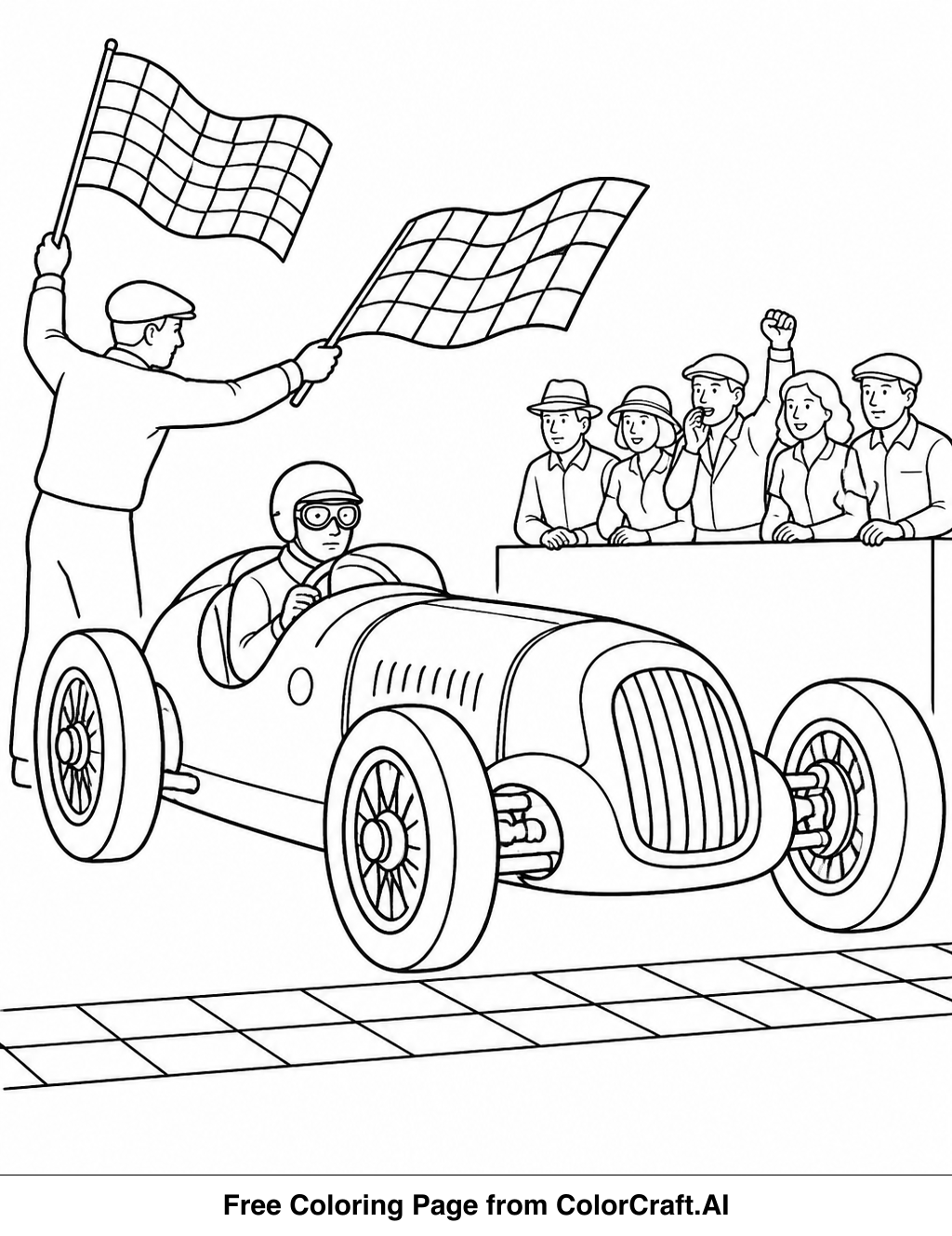 Line drawing of a vintage race car at the start line with checkered flags and a crowd.