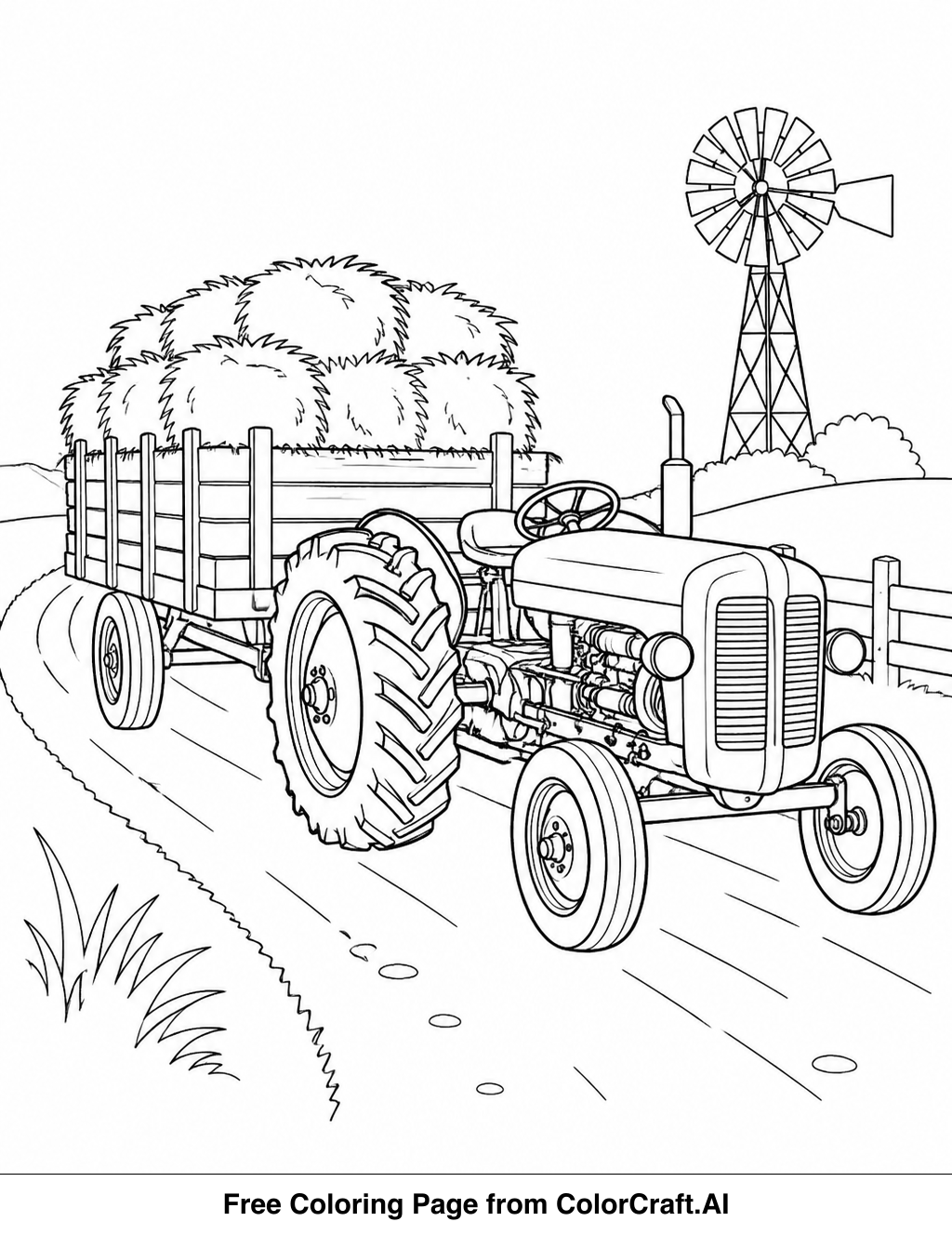 Line drawing of a vintage tractor pulling a hay wagon on a country road with a windmill.
