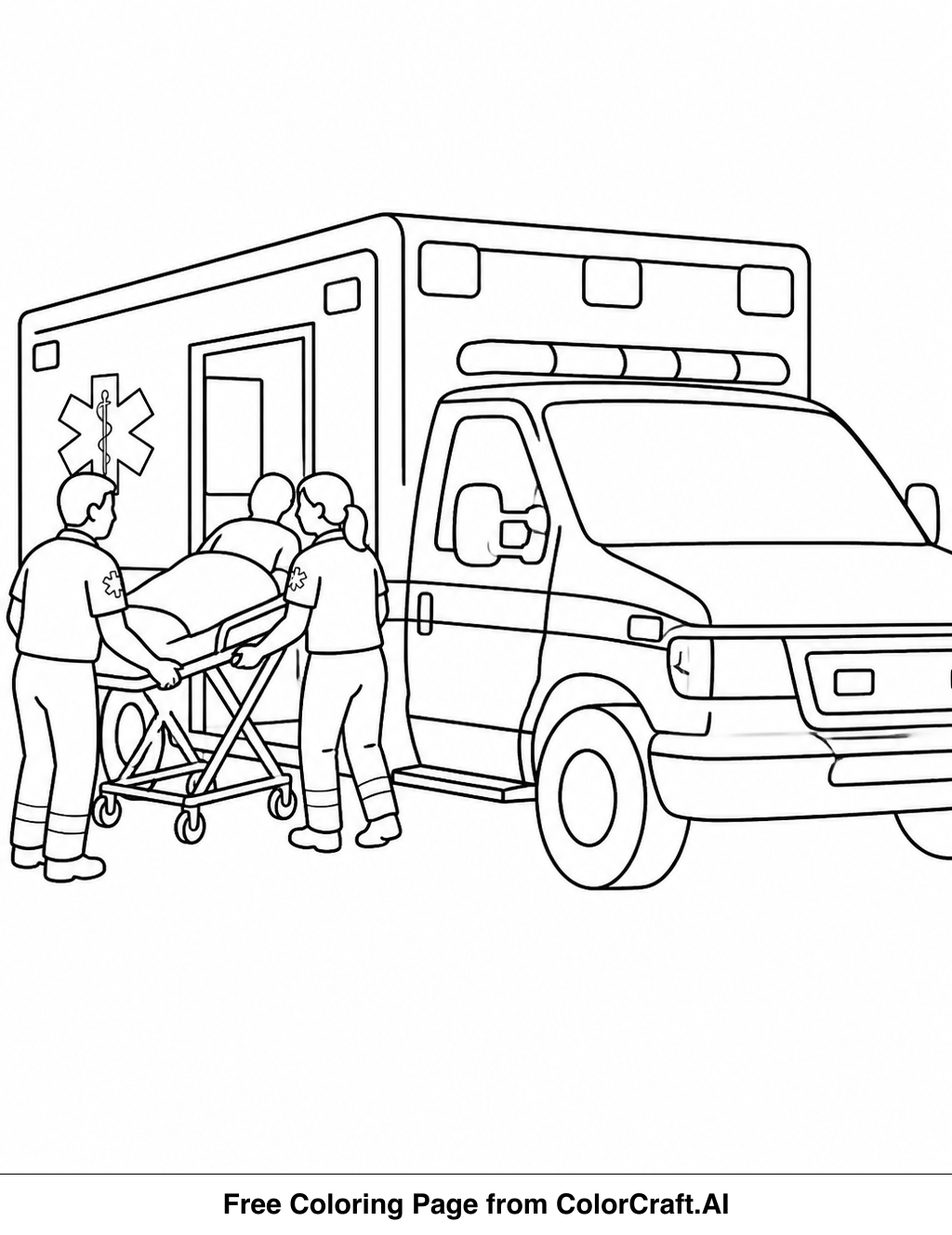 Line drawing of an ambulance with flashing lights, a siren, and medical equipment for a coloring page.