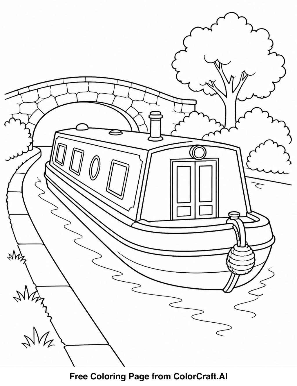 Line drawing of a canal boat on a waterway, surrounded by nature, ready for coloring.