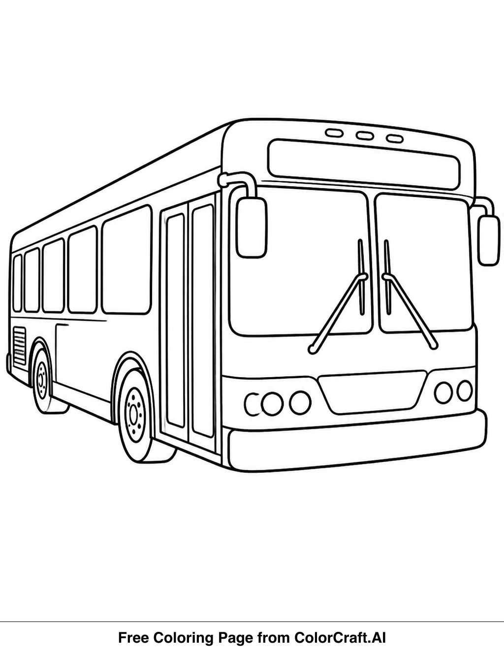 Line drawing of a city transit bus with large windows and wheels, ready to be colored.
