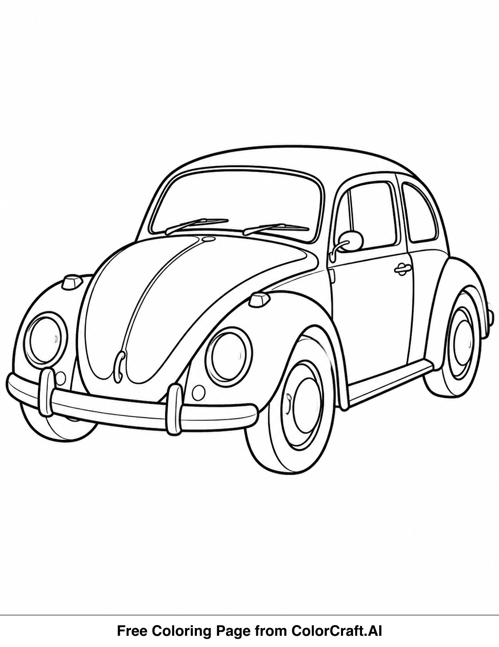 Line drawing of a classic VW Beetle car, ready to be colored in.