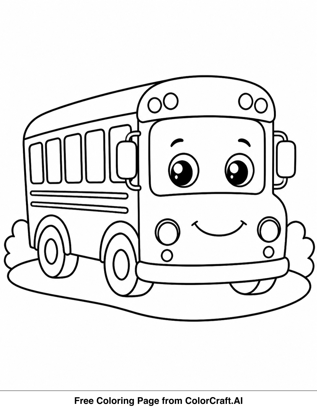 Line drawing of a cute, smiling school bus with large windows and wheels.