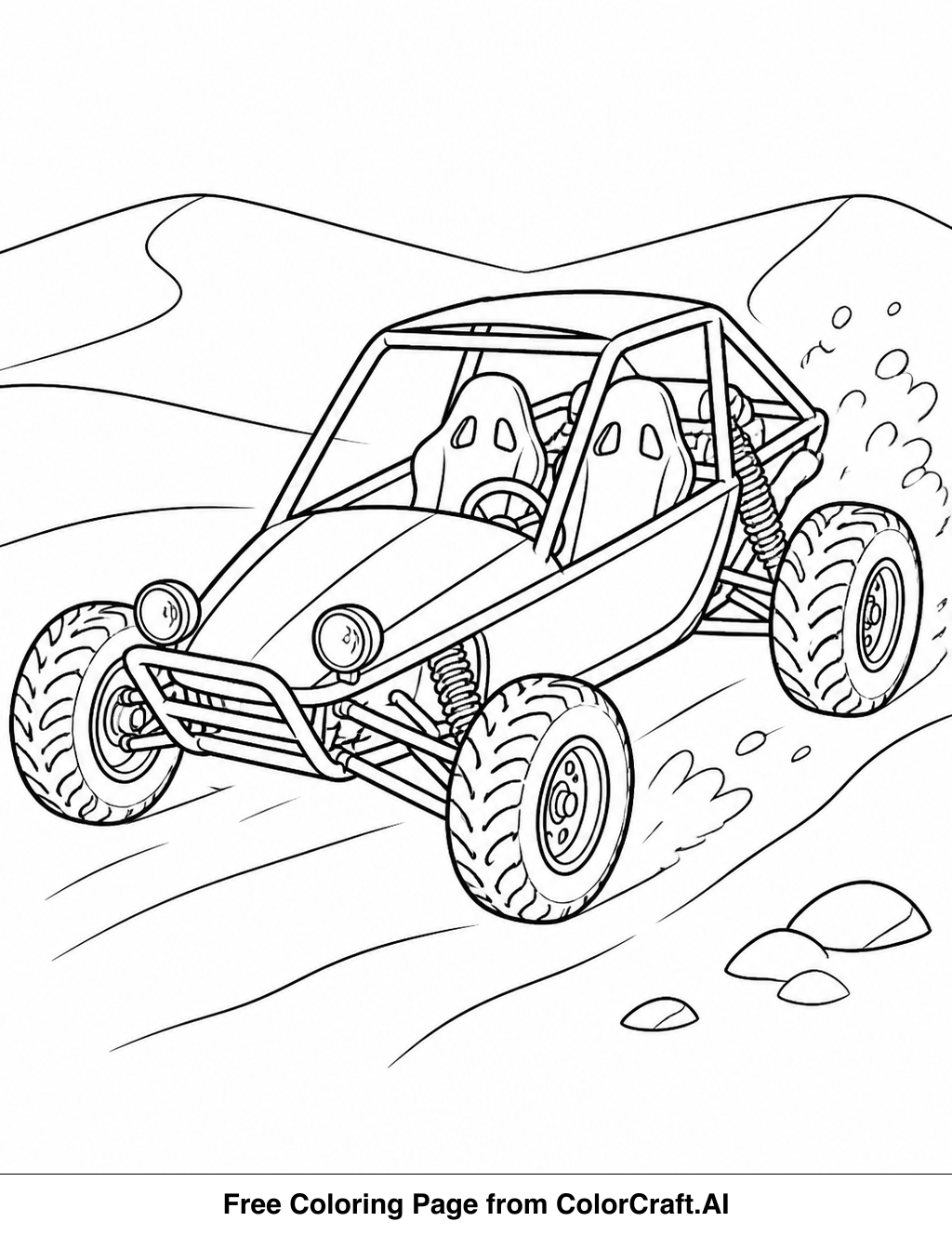 Line drawing of a dune buggy speeding across sand dunes with a desert landscape in the background.
