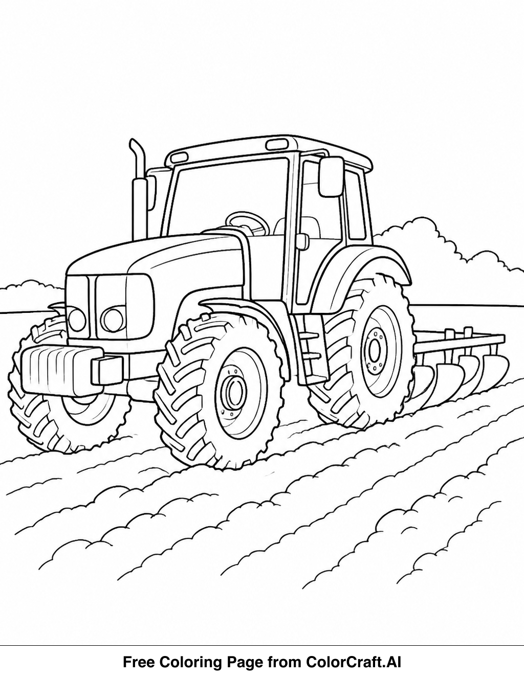 Line drawing of a farm tractor with large wheels, plowing a field, ready for coloring.