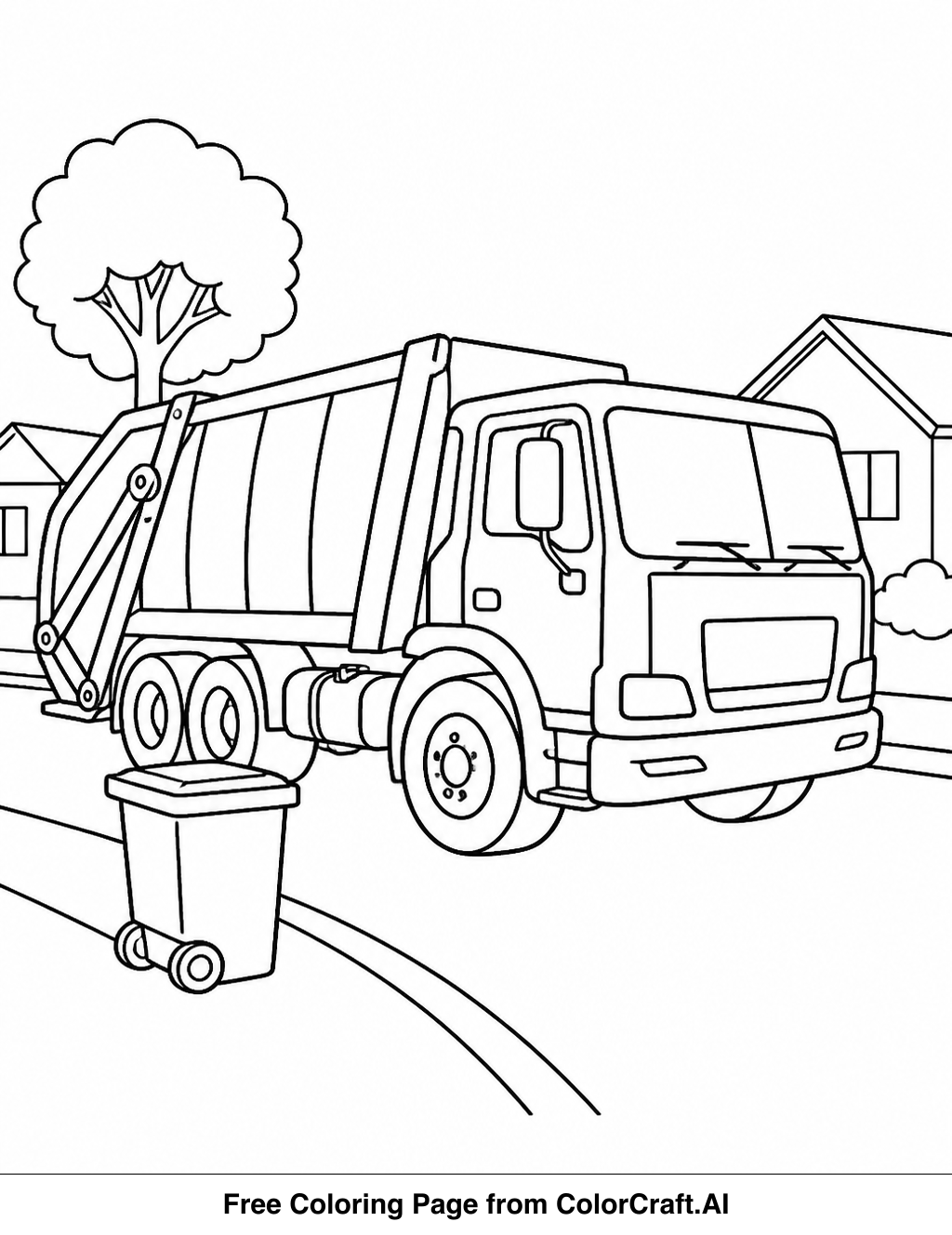 Line drawing of a garbage truck with its mechanical arm extended, collecting a bin on a street.