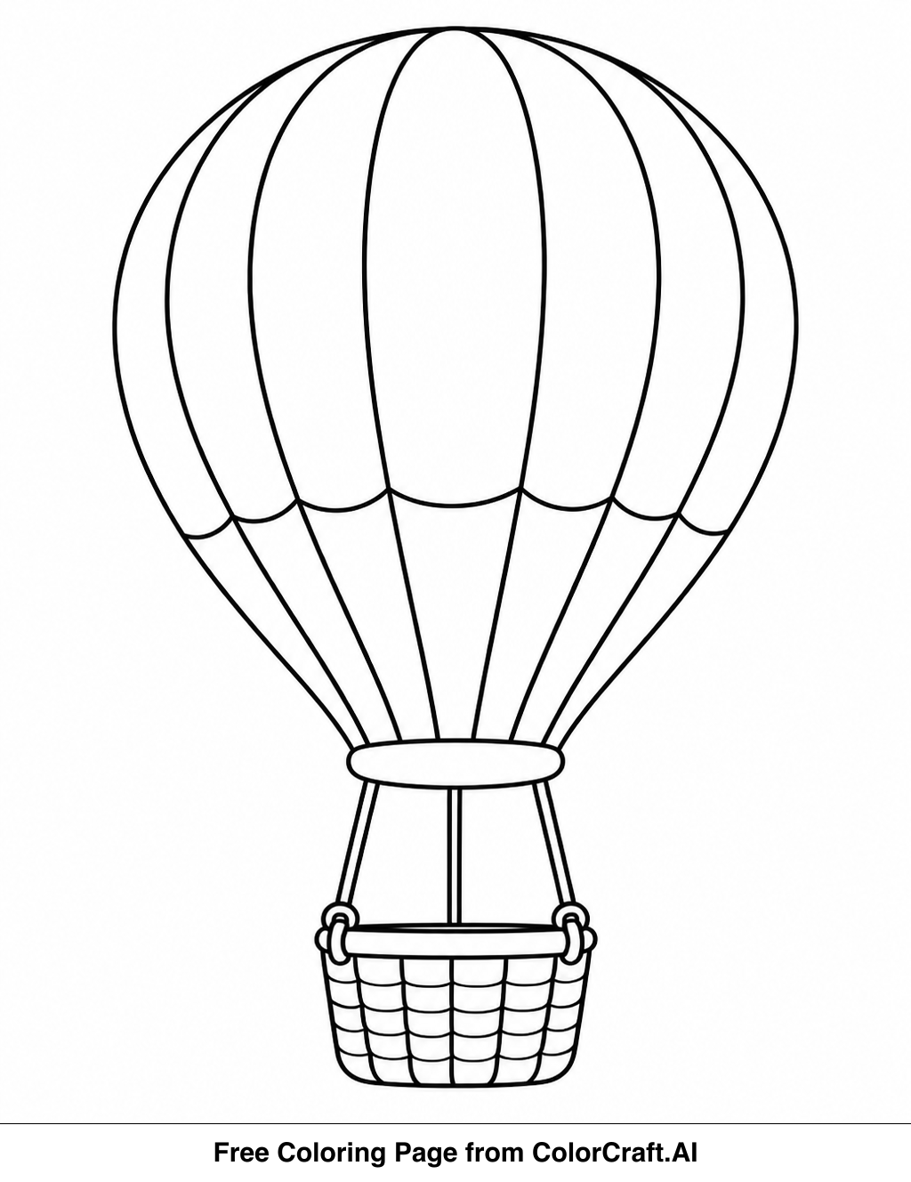 Line drawing of a hot air balloon with a basket, floating in the sky.