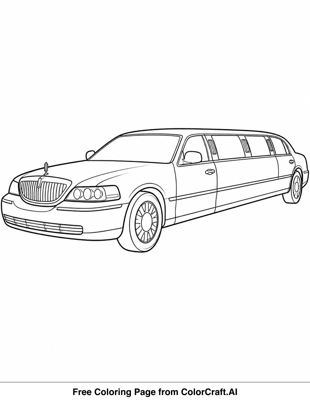 Line drawing of a luxurious limousine, perfect for coloring, with spacious interior details.