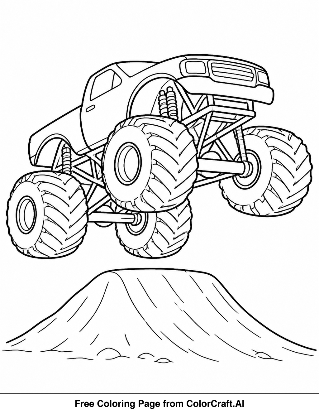 Line drawing of a monster truck performing a high jump, wheels off the ground, with a ramp visible.