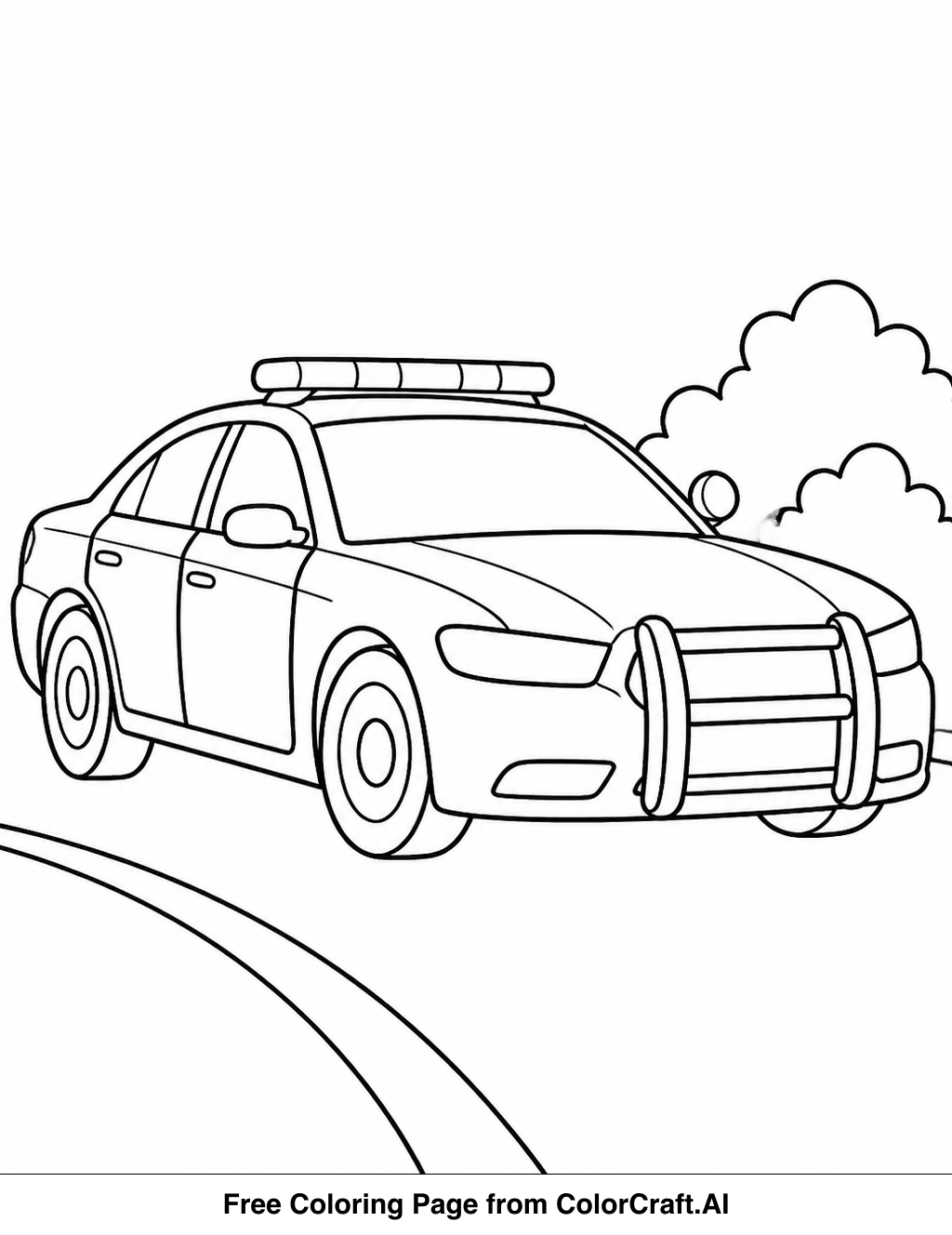 Line drawing of a police car with flashing lights and siren, ready to be colored.