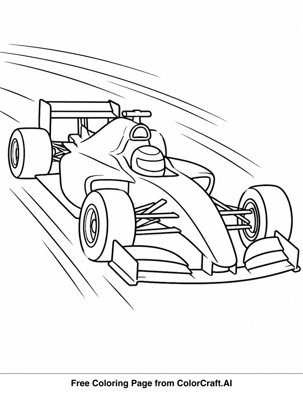 Line art drawing of a fast race car speeding down a track, ready for coloring.