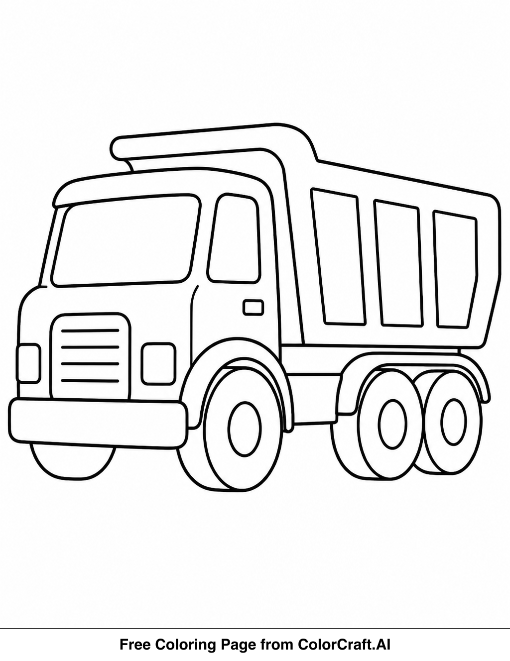Line drawing of a simple dump truck with its bed raised, ready for coloring.