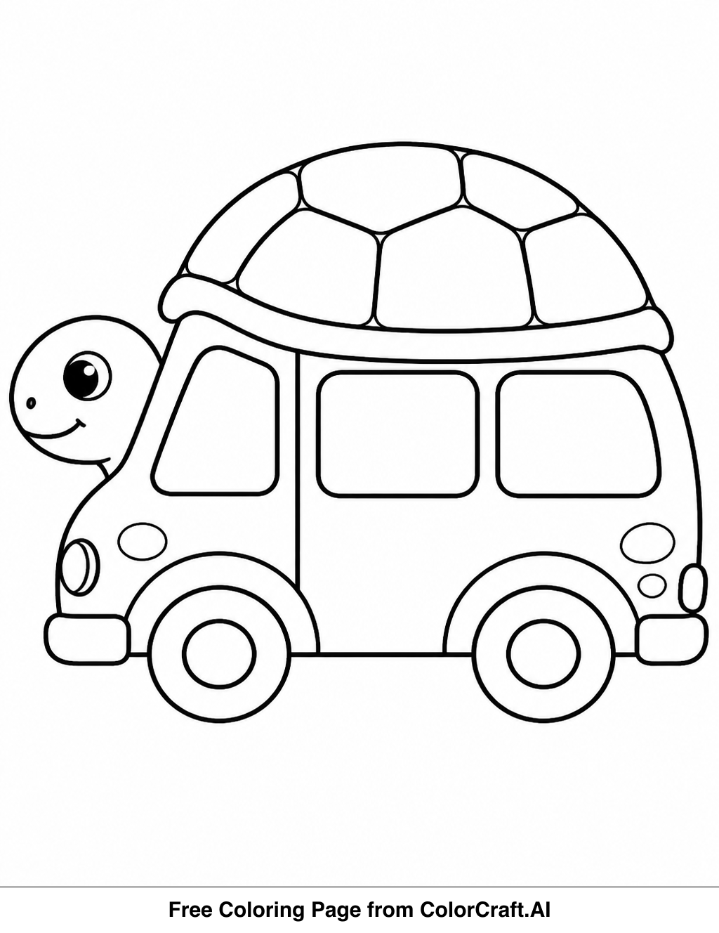 Line drawing of a turtle driving a van from the side view, perfect for coloring.