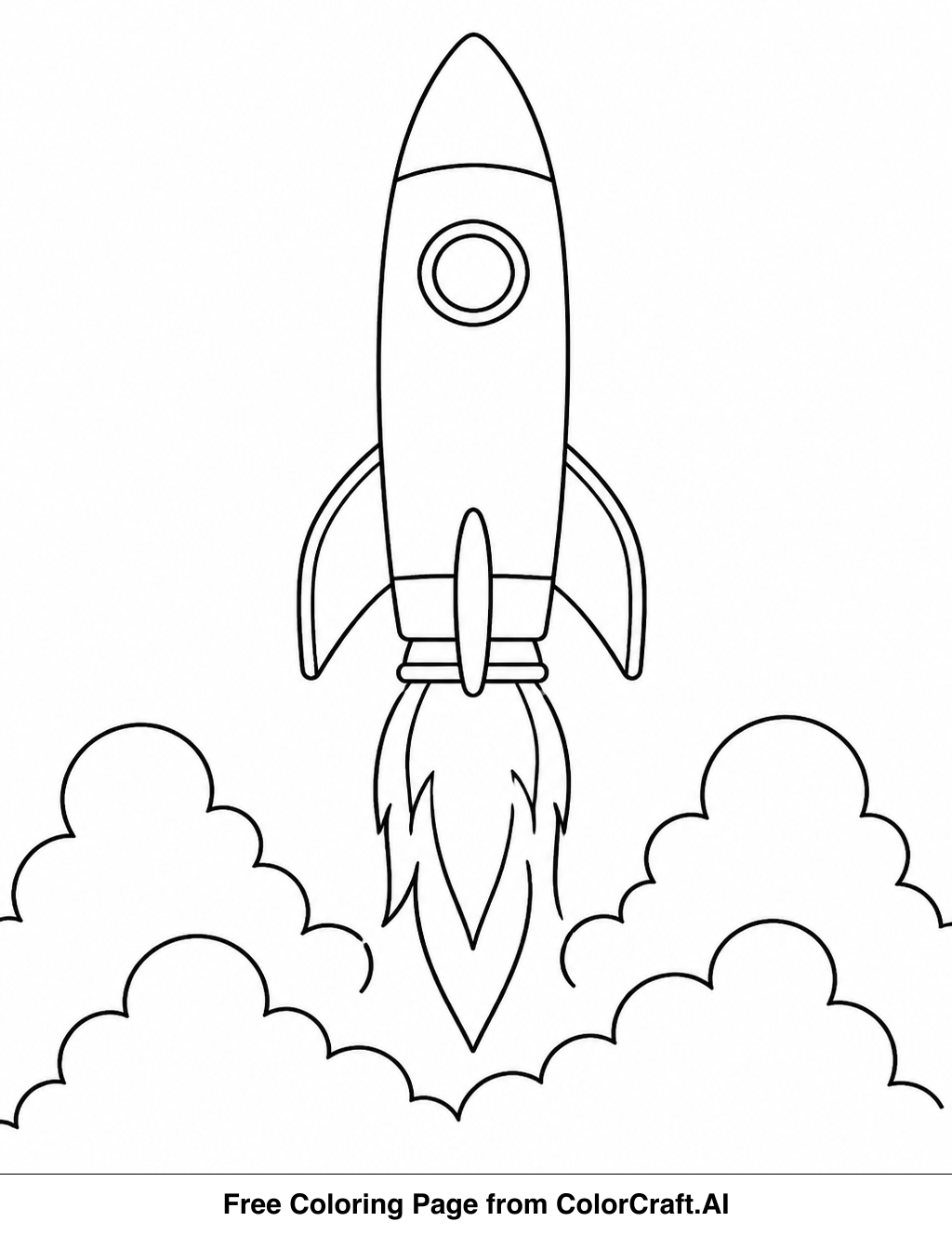 Line drawing of a large rocket ship on a launchpad with flames and smoke.