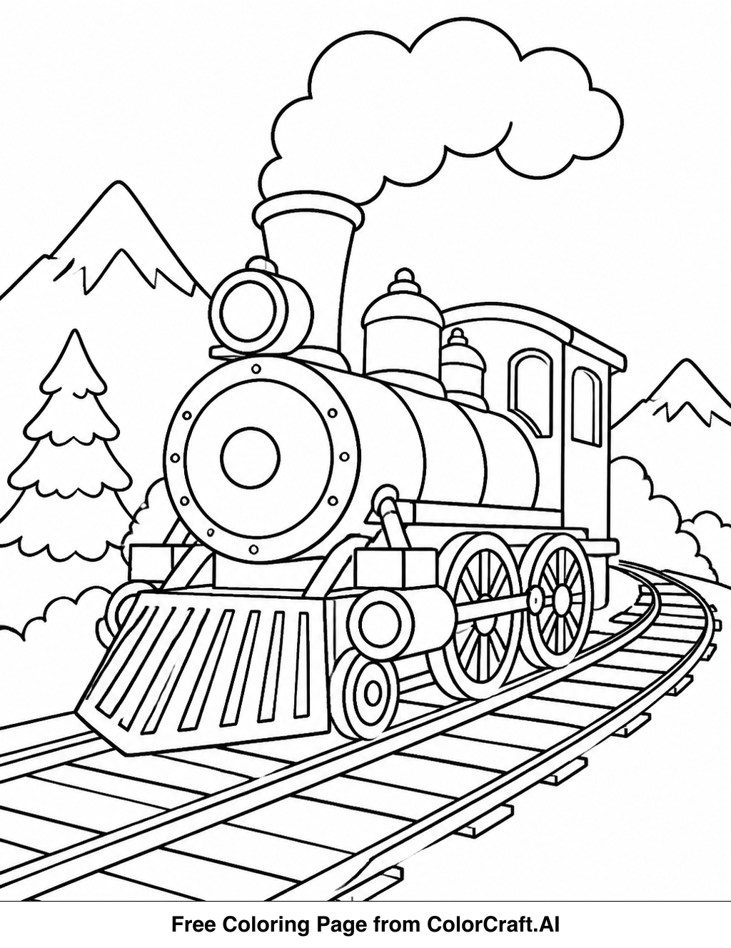 Line drawing of a classic steam train with smoke billowing from its stack, ready for coloring.