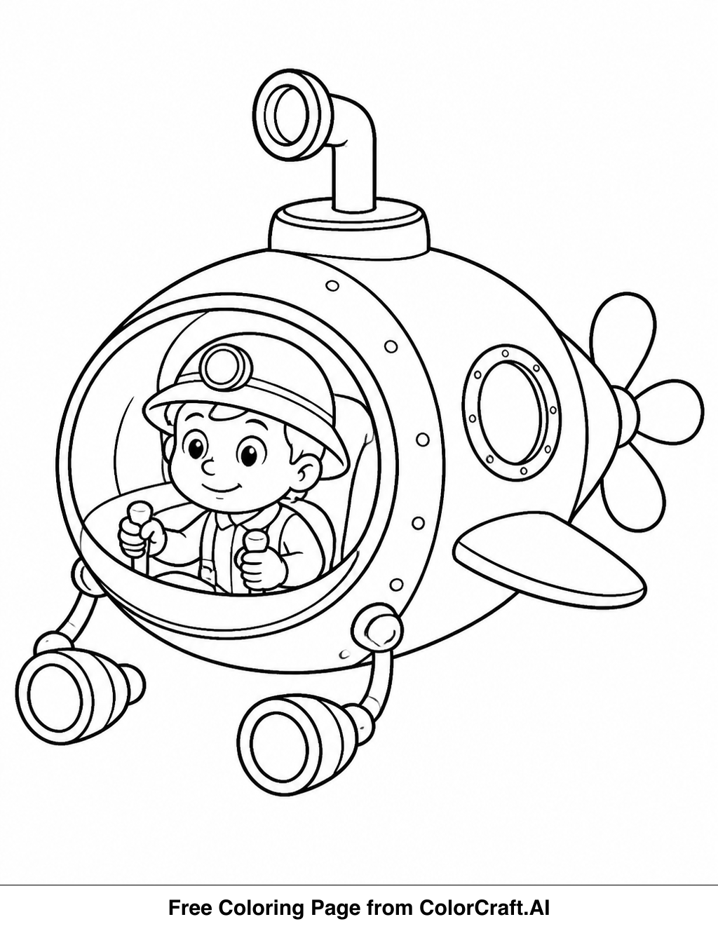 Line drawing of a submarine exploring the ocean floor with marine life around it.
