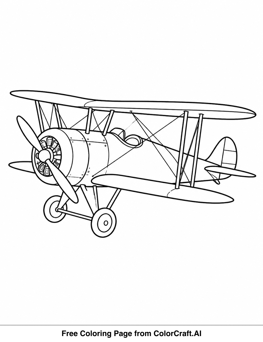 Line drawing of a vintage airplane with wings and propeller, ready for coloring.